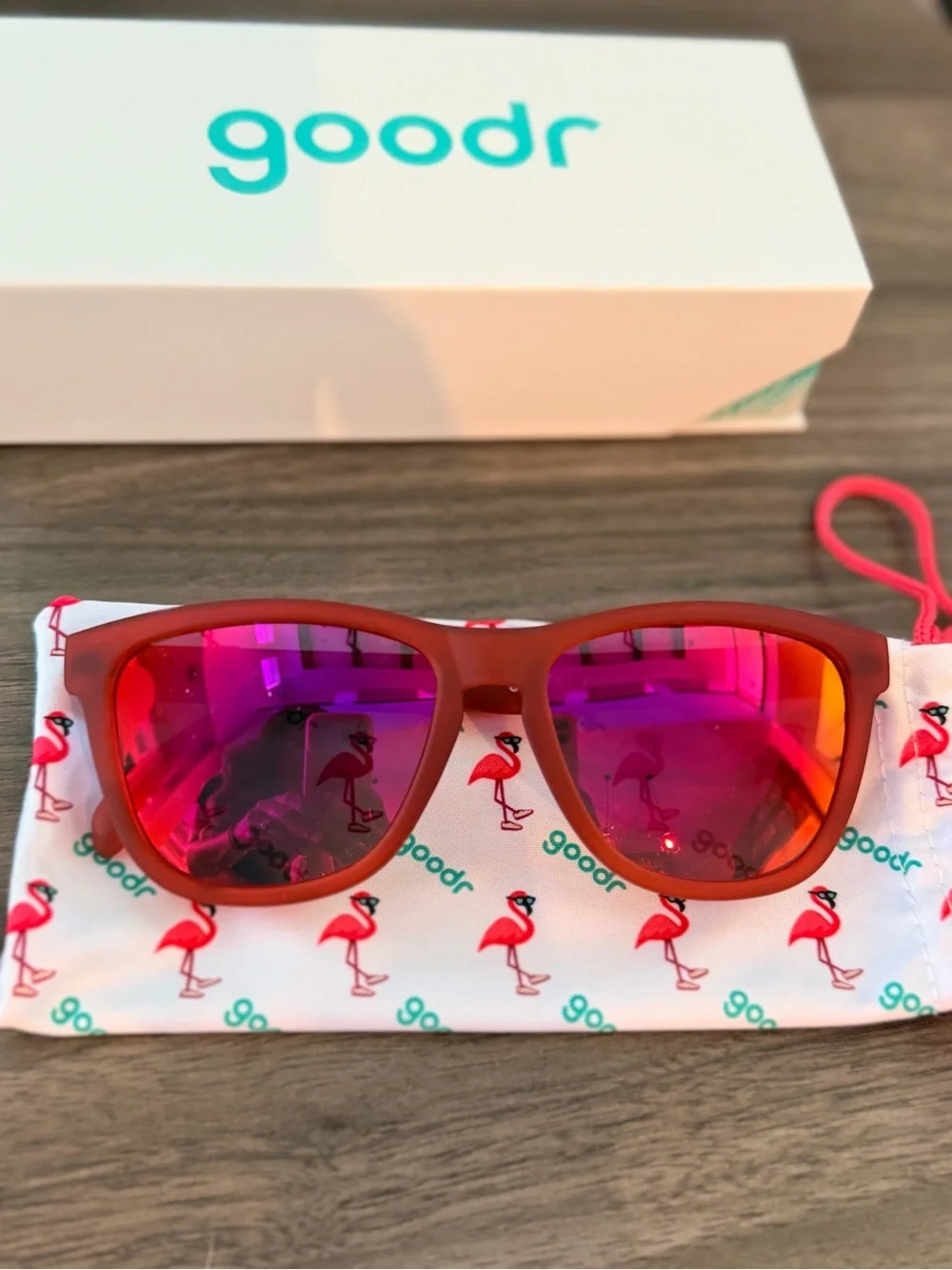 goodr Women’s Red Frame Sunglasses with Pink Mirrored Lenses